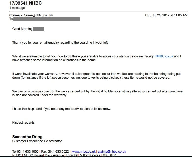Does boarding my loft void my new build warranty? 3 NHBC warranty allowance letter