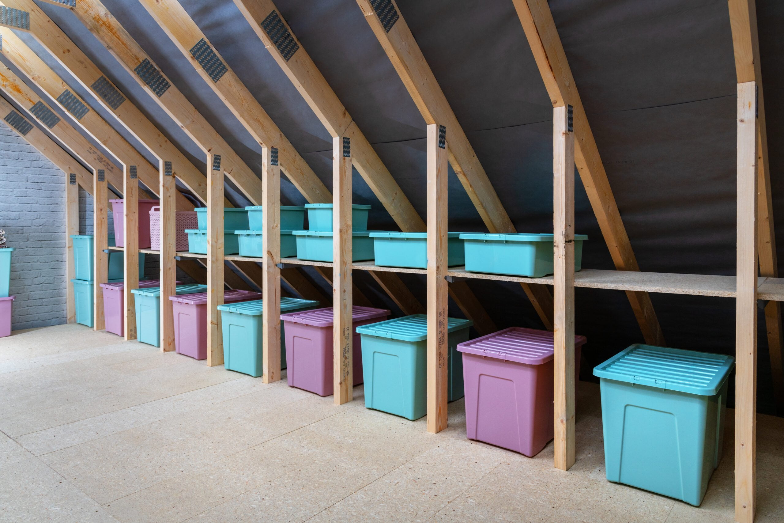 Loft Shelving Ideas To Increase Your Storage Space 14 wooden loft shelving installed with storage boxes on shelves