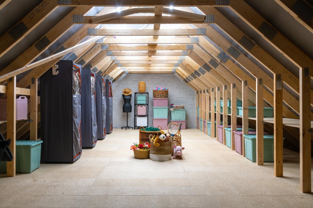 A loft transformation with spray foam loft insulation, floor boards, lighting, and storage options.