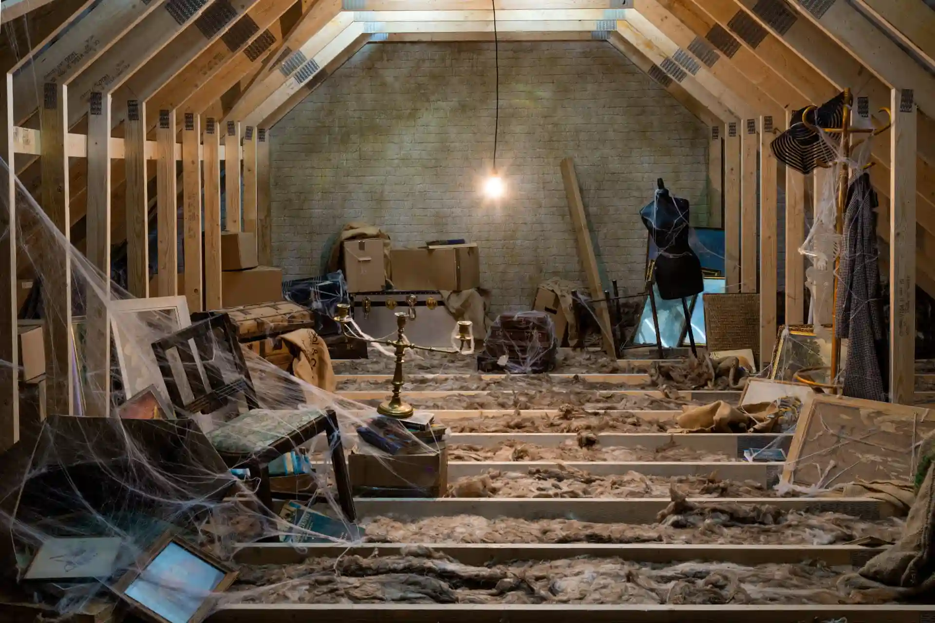 unorganised and cluttered loft space