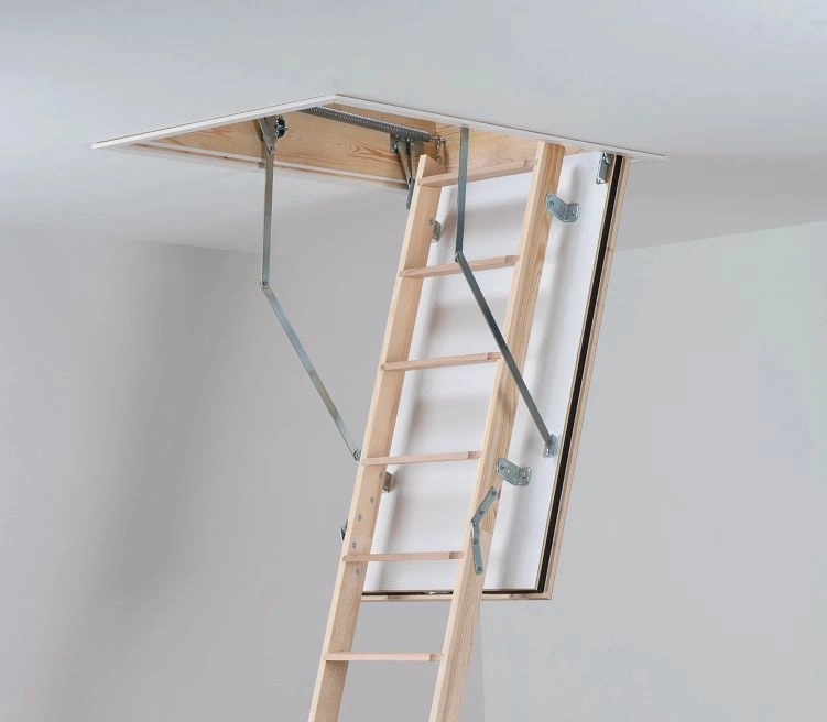 white room with loft ladder leading to a loft space new